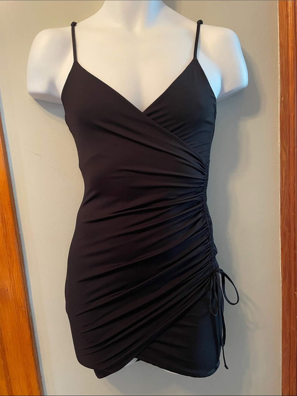GARAGE Y2K Black Ruched Spaghetti-Strap Party Bodycon Sleek Goth Mini Dress